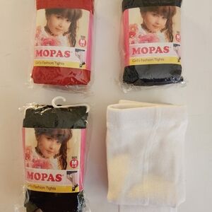 Mopas Girls Fashion Tights Size Med 4-6 1 Red,1 Red, 2 Black.